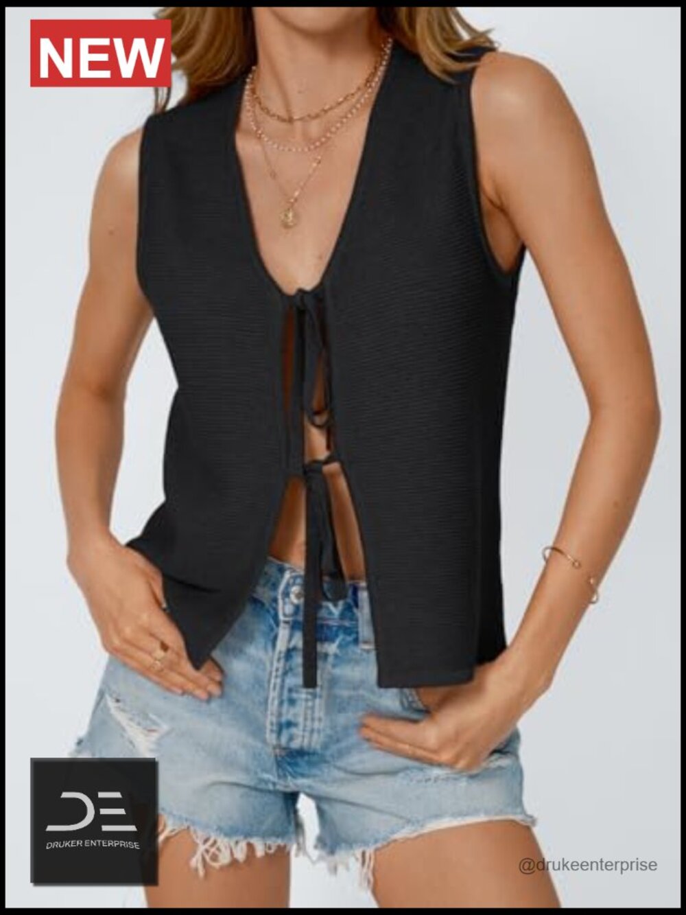 Sleeveless V-Neck Crochet Knit Tank Top Tie Front Summer Beach Vacation Vest - Picture 2 of 6